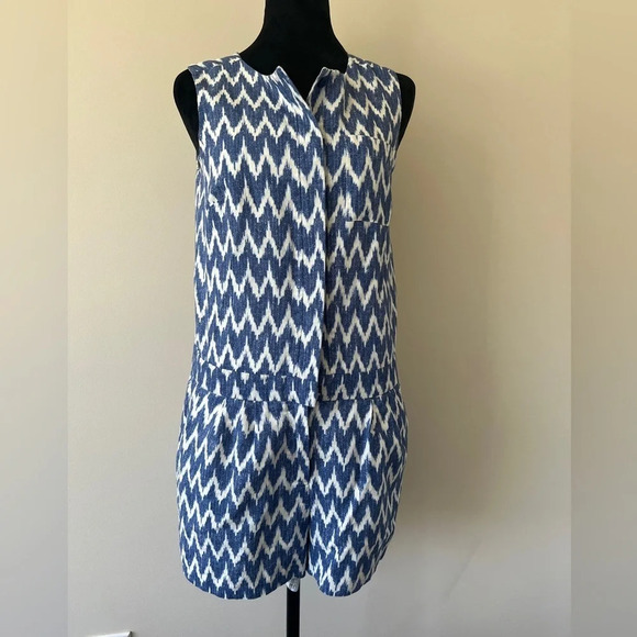 J. Crew Blue White Chevron Ikat Print Linen Cotton Shorts Romper Women’s Size 2 - Picture 1 of 11